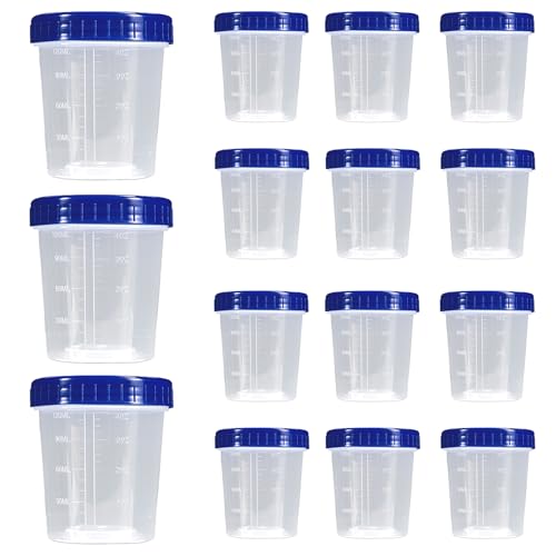 WEESTAAMO 15 Stück Urinbecher mit Schraubdeckel 120ml - Auslaufsicherer Probenbecher mit Skala Transparenter Probenbehälter für Urinproben Labor & als Farbmischbecher (Blau)