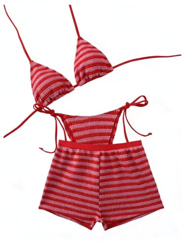 Image of RoseSeek Women's 3 Piece Striped Bikini Shorts Sets Knit Boyshort Swimsuit