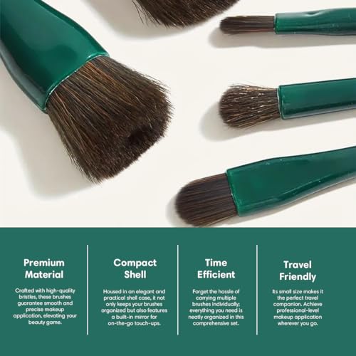Image of Gleva Travel Size Mini Makeup Brushes Set with Mirror Small Complete Function Cosmetic 5 Pcs Brushes Kit Case Apply to Face Foundation Powder Concealers Eyebrow Eyeshadow (Green (Shell Shape))