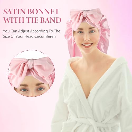 Abeillo Long Satin Bonnet for Women Large Silk Sleep Cap With Tie Band and Scrunchies for Long Curly Hair Braids (Pink) - Image 3