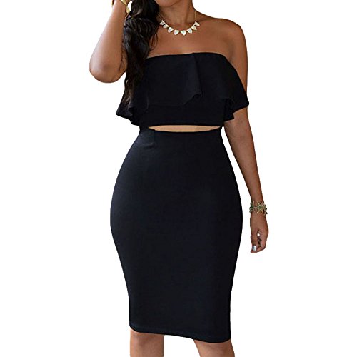 Eiffel Women s Off Shoulder Ruffle Crop Top Pencil Skirt Dress Two-Piece Set Black