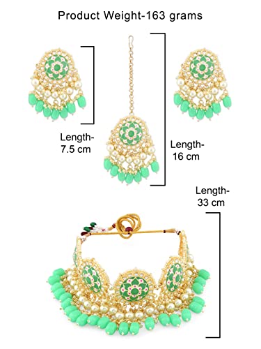 Image of ZAVERI PEARLS Green Meenakari Choker Necklace Earring Maangtikka & Ring Set For Women-ZPFK11606
