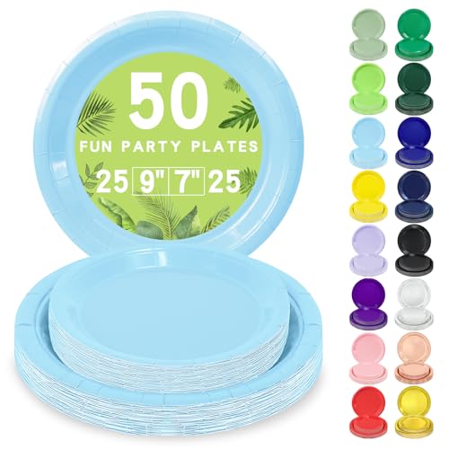 LANLISA 50 Light Blue Paper Plates Disposable 25-9 & 25-7 Disposable Birthday Cake Dessert Plates For Baby Shower Easter Party Supplies