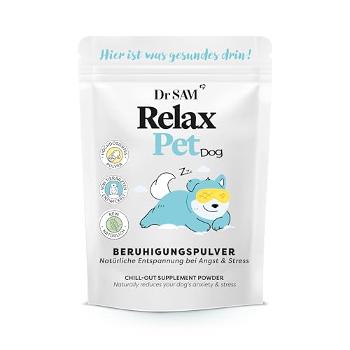 Dr. SAM Premium Anti-Stresspulver für Hunde - RelaxPet als natürliches Beruhigungsmittel für Entspannung bei Angst & Stress - Ruhe beim Reisen und besonderen Anlässen - hochdosiert - 45g