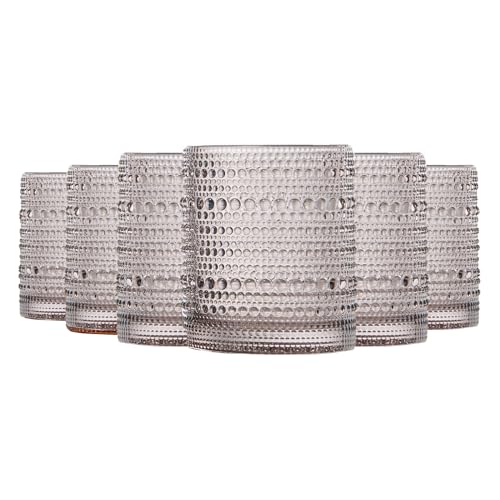 Image of Khen Beaded Tumbler Drinking Glasses Set | Set of 6 | Vintage Hobnail 11 OZ Bubble Design Whiskey Glassware, Old-Fashioned, Embossed Design Glass for Water, Wine, Cocktail HAND WASH ONLY (Grey)