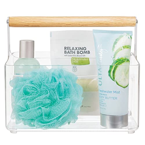 Mdesign Plastic Portable Shower Caddy Divided Basket Bin Storage Organizer With Wood Handle For Bathroom Vanity, Dorm Shelf & Cabinet - Holds Shampoo, Conditioner - Aura Collection - Clear/Natural #TOP2
