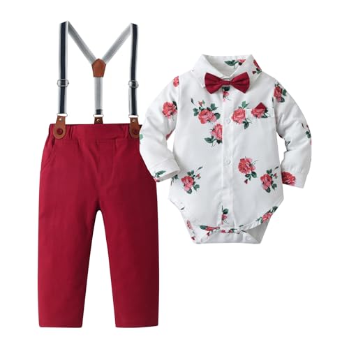 Baby Boys Pants Sets, Infant Long Sleeve Shirt + Pants + Bow Tie + Suspenders,Toddler Gentleman Outfits