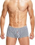 Men's Fashion Checkered Underpants Cotton Low Rise Trunks Breathable Pouch Boxer Shorts with Button Open Fly Black White XL