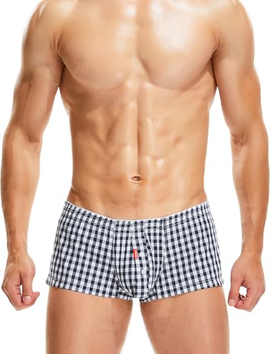 Men's Fashion Checkered Underpants Cotton Low Rise Trunks Breathable Pouch Boxer Shorts with Button Open Fly Black White XL
