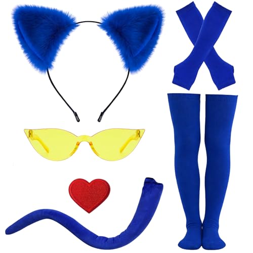 QLINLEAF Blue Cat Costumes Set Cat Ears Headband Gloves Tail for Women Halloween Cosplay