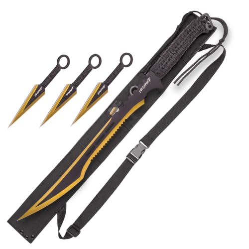 K EXCLUSIVE Golden Hornet Sword And Stinger Kunai Throwing Knife Set | 3 Kunai Knives | Black And Gold Finish | Nylon Shoulder Sheath