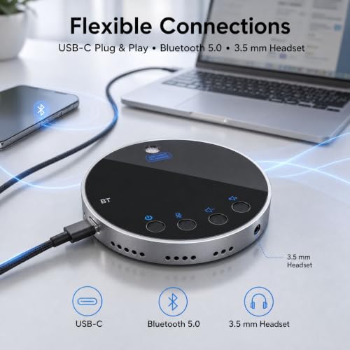 Image of Bluetooth Conference Speaker and Microphone, Bluetooth Speakerphone for Small Meeting Room,Wireless Conference Speaker 360Voice Pick up with Noise Cancellation Mics for Computer /Laptop