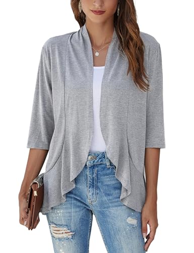 Image of Bluetime Women Casual Lightweight Open Front Cardigans Soft Draped Ruffles 3 /4 Sleeve Cardigan (S-3XL)