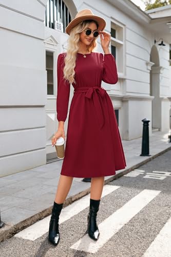 Image of Newshows Womens Long Sleeve Casual Dresses 2025 Business Work Teacher Fall Church Belted A Line Flowy Midi Dress