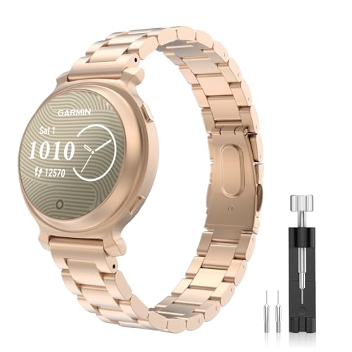 MoKo Metal Watch Band Compatible with Garmin Lily 2/Lily 2 Active, Stainless Steel Sport Strap Quick Release Replacement Wristband with Adjustment Tool for Men Women, Rose Gold