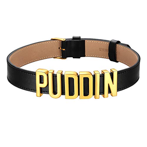 FOCALOOK Damen PU Leder Choker Kette goldfarben Metall Buchstaben PUDDIN kurze Halskette 19mm breit Gotik Punk Collier Accessoire Modeschmuck für Party Cover
