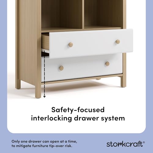 Image of Storkcraft Alpine Nursery Changing Table Dresser Combo (White with Driftwood) - GREENGUARD Gold Certified, Dresser for Nursery, Changing Table with Drawers, Removable Changing Table Topper