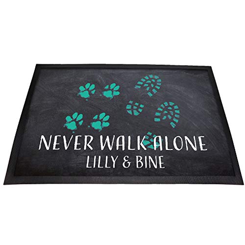 Tierisch-tolle Geschenke Hundefan Design Fußmatte Never Walk Alone inklusive Wunschnamen | rutschfest | Waschbar | (Anthrazit/Türkis) Cover