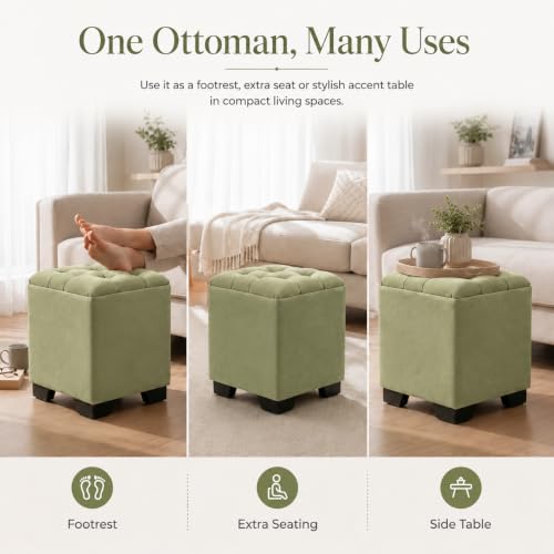 Image of Velvet Cube Ottoman | Seating Stool for Living Room | Soft Cushioned Footrest Stool with Durable Plastic Legs | Multipurpose Seating, Pouffe Home Decor, 12x12x14 inch (Light Green)