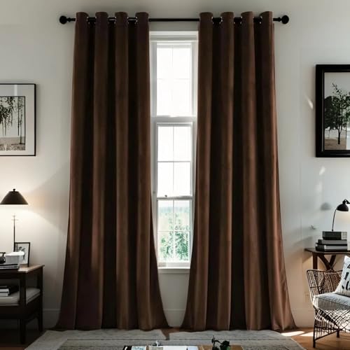 SMILETIME Brown 96 in Long Velvet Curtains with Grommet, Super Soft Privacy Noise Reducing Light-Filtering Velvet Drapes for Living Room Bedroom, 2 Panels, 52 x 96 inches by SMILETIME - Used condition - US$27.13