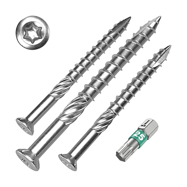 Terrassenschrauben 5 x 50 T-INOX 100 Stück Edelstahl gehärtet C1, Torx 25, inkl. Edelstahl Bit