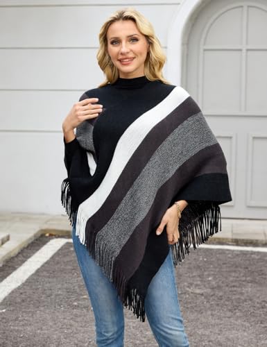 Ferand Women's Striped Poncho Sweater Cozy Knit Fringe Shawl Wraps for Fall Winter3
