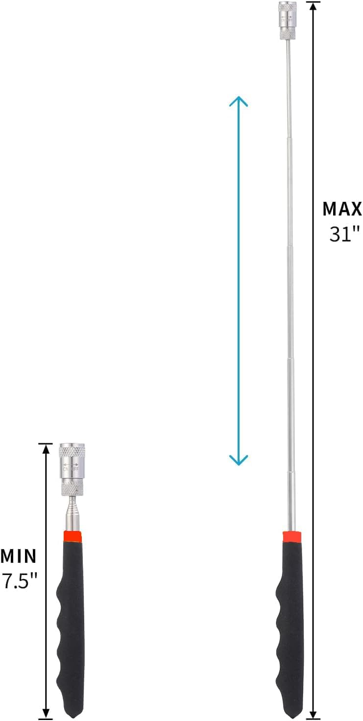 Telescoping Magnetic Flashlight Pickup Tool with LED Light, Magnet Stick Rod Extendable 7.5" to 31" (Handle - Black)