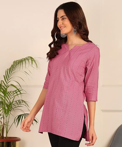 Image of DSK Studio Women's Cotton Short Kurti with Notch Neck Line 3 /4th Sleeves Abstract Pattern Short Length and Regular Fit