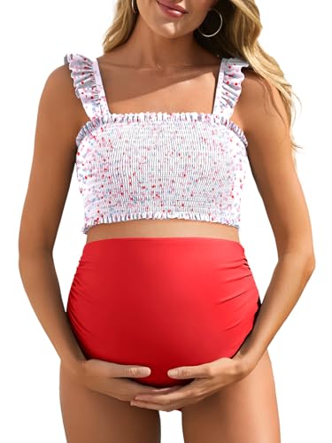 Image of Summer Mae Maternity Swimsuit Ruffled Two Piece Bikini High Waist Swimwear | Pregnancy bathing suit,Shirred bandeau top,Ruffle hem,Removable Pads,High-stretch,Cute,Floral,Strapless bikini,Beach,Babymoon