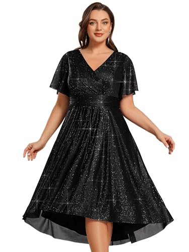 Ever-Pretty Plus V Neck Short Sleeves Glitter Pleated Midi Plus Size Cocktail Wedding Guest Dresses for Curvy Women