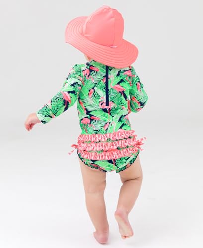 Image of RuffleButts Baby Girls UPF 50+ Sun Protection Floral Printed Long Sleeve One Piece Rash Guard Swimsuit with Zipper