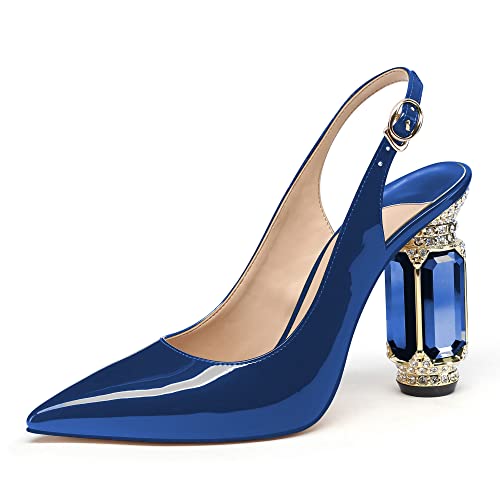 Image of JANSEVEN Women Chunky Heels Pumps Crystal Block Heels with Rhinestones Pointed Toe Sexy Gradient Patent Leather Slip on Bridal Party Wedding Dress Shoes 5-13 M US