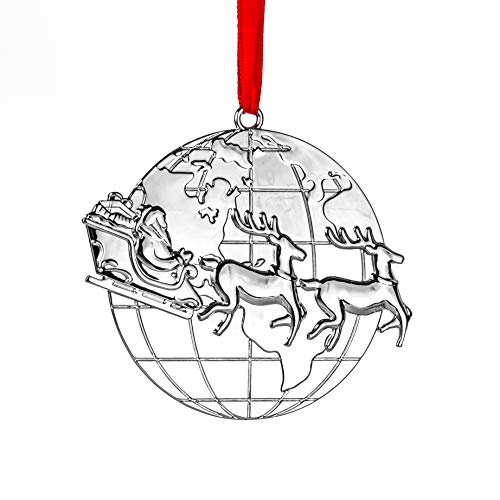 Klikel Santa Christmas Ornament - Silver Christmas Ornament - Santa Ornament - Santa Reindeer and Sleigh - Santa Ride Around The Globe - Silver Ornament with Red Ribbon and Gift Box