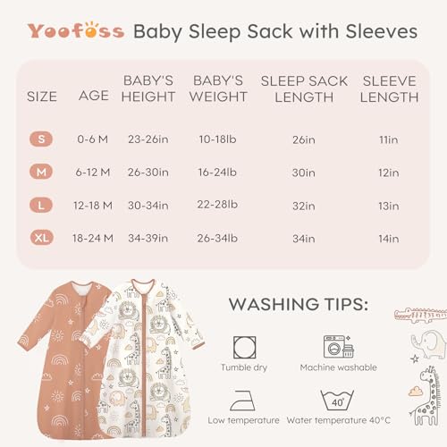 Yoofoss Baby Sleep Sack 0-6 Months Long Sleeve Wearable Blanket Baby 100% Cotton 2-Way Zipper 0.5 Tog Newborn Sleeping Sack, Lightweight(Small)