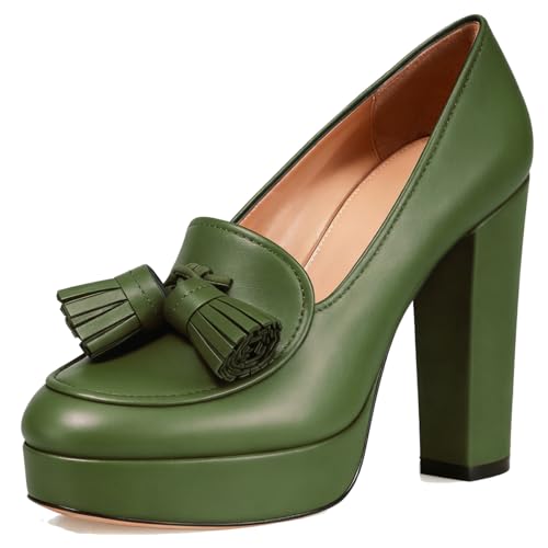 Image of SHODENSE Women Vintage Chunky Platform Loafers Pumps Tassel Round Closed Toe Slip On Suede Block High Heel Dress Loafer Shoes Buckle Strap Oxford Loafers Fringe Pump Dressy Chic Sexy Y2k 4-11 M US
