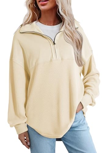 SHEWIN Women Fall Sweatshirt Waffle Knit Quarter Zip Top, Beige, Size 3XL