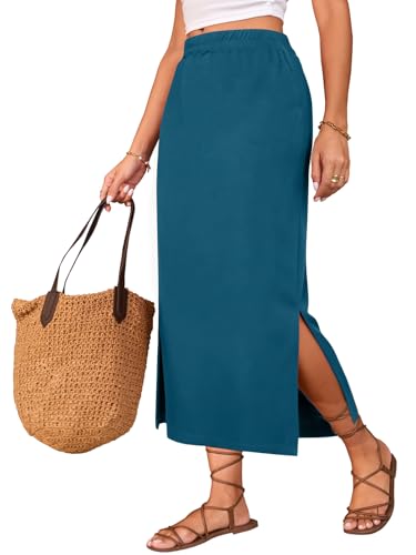 Image of Poetsky Maxi Skirt for Women Summer Side Slit Pencil Skirts Elastic High Waisted Long Skirt