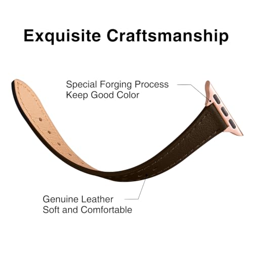 Image of STIROLL Slim Leather Bands Compatible with Apple Watch Band 38mm 40mm 41mm 42mm 44mm 45mm 49mm,Top Grain Leather Watch Thin Wristband for iWatch Ultra SE Series 8 /7 /6 /5 /4 /3 /2 /1(Coffee with Rose Gold)