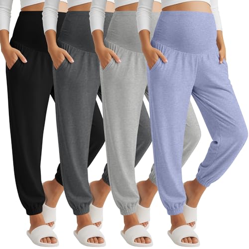 JoyMotion 4 Pack Women's Maternity Pants Joggers Over the Belly Pregnancy Casual Comfy Lounge Sweatpants with Pockets(Sky Blue, Light Gray, Dark Gray, Black,Medium)
