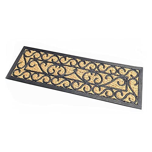 HOMESCAPES Door Mat Scroll Design 100% Natural Coir 25 x 75 cm with Rubber Non-Slip Back Indoor and Outdoor Doormat