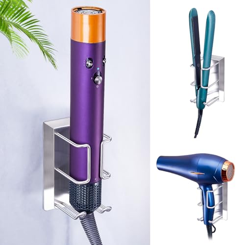 WAYASI Hair Dryer and Straightener Holder, Hairdryer Holder for Curling Iron Straightener, SUS304 Stainless Steel HairDryer Holders Self Adhesive Hair Tools Organiser