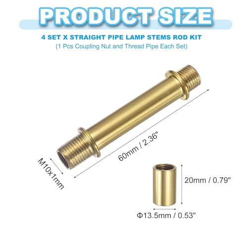 Image of PATIKIL Straight Pipe Lamp Stems Rod Kit, 4 Set M10 Carbon Steel 60mm(2.36 inch) Long Double End Thread Rod with Coupling Nuts Sleeve Connector for Table Lamps Chandeliers,Copper