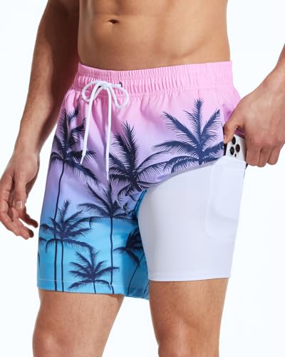 SILKWORLD Mens Swim Trunks with Compression Liner 5.5 Inseam Bathing Suit with Zipper Pockets, Pink Blue Coconut Tree, X-Large2