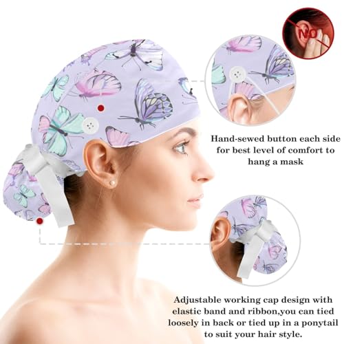 Image of Butterfly Scrub Cap Women with Ponytail & Buttons Adjustable Surgical Nurse Hat with Cotton Sweatband for Long Hair