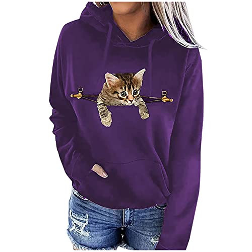 Womens Cute 3D Cat Print Sweatshirts Tops Loose Fit Long Sleeve With Pocket Hoodies Casual Hooded Pullover For Teen Girl Purple #TOP28