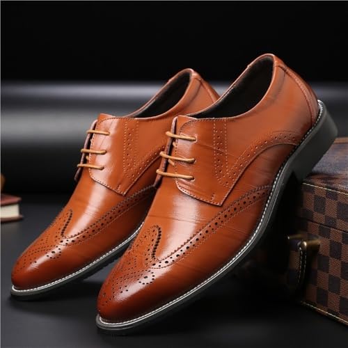 Mens Dress Shoes Leather Pointed Oxfords Lace Up Low Heels Carved Classic Fashion for Business Casual Office Work4