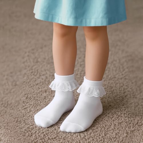 Bremorou 3 Pairs Girls Ruffle Socks Lace Ruffle Frilly Ankle Sock With Pearl Lace Cute White Ruffle Socks For Toddler Little Girl Daily Dress4