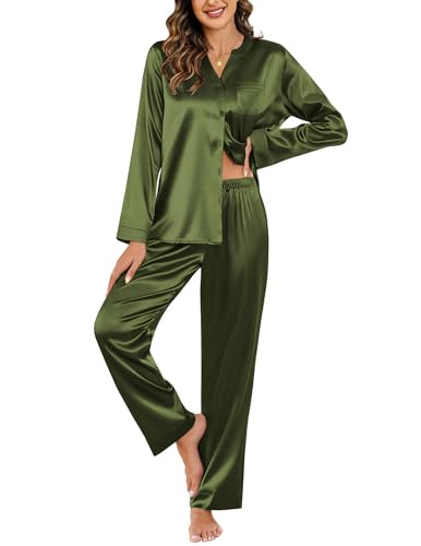 Ekouaer Silk Pajamas For Women 2 Piece Set Satin Pjs Long Sleeve Button Up Sleepwear Comfy Lounge sets