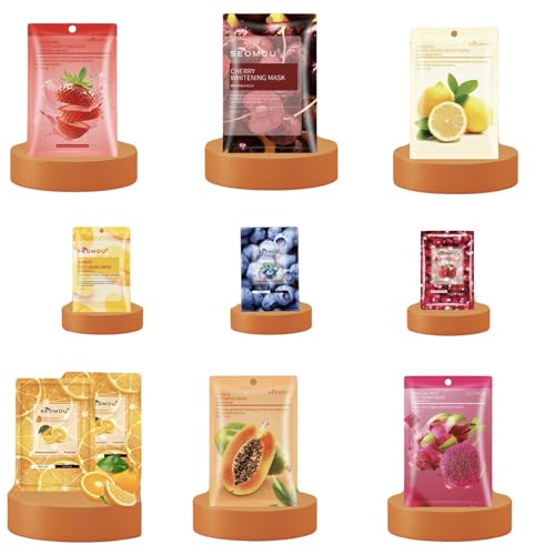 Generic Facial Sheet Mask Set, Moisturizing, Brightening, Soothing (9 Pcs) - Cruelty-Free With Fresh Orange, Strawberry, Lemon, Papaya, Dragon Fruit, Mango, Blueberry, Red Pomegranate, Cherry cover