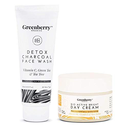 Bellentines Greenberry Organics Detox Charcoal Face Wash, Bio Active Bright Day Cream Combo - Cleanse & Moisturise, Sunscreen, Spot Protection (120 ML + 50 Grams)